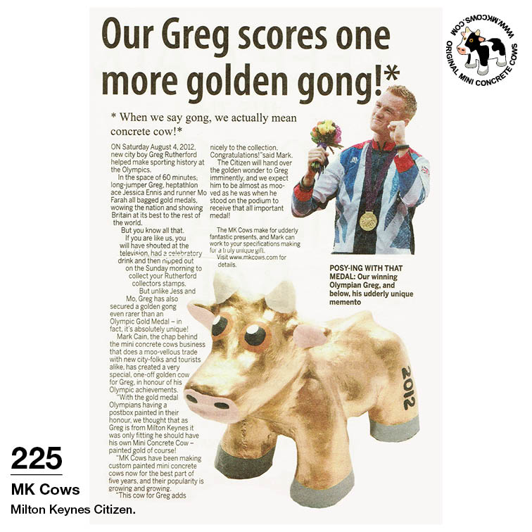 Milton Keynes Citizen Report on Gold Olympic Mini Concrete Cow
