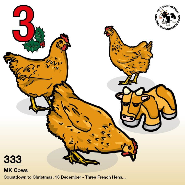 On the third day of Christmas my moo cow gave to me... three French hens (eating with a Mini Concrete Cow!)