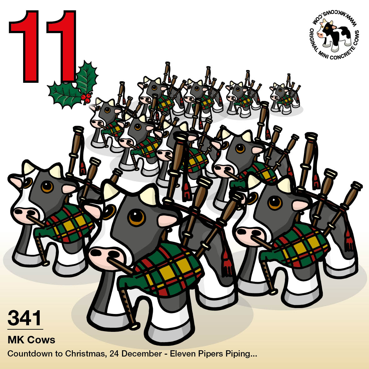On the eleventh day of Christmas my moo cow gave to me... eleven pipers piping (with Mini Concrete Cows!)