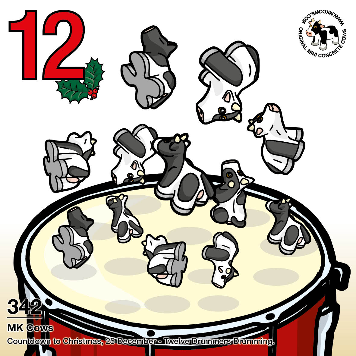 On the twelfth day of Christmas my moo cow gave to me... twelve drummers drumming (with Mini Concrete Cows!)